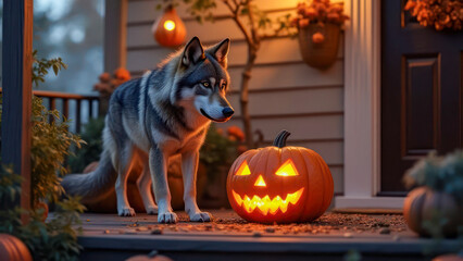 Wolf stands guard beside carved pumpkin on a cozy porch during Halloween night