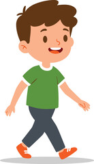 PrintCartoon boy walking, green shirt, orange shoes, cheerful child illustration, vector character, active pose, white background, children’s design element