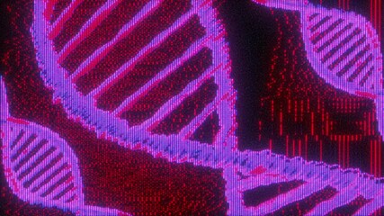 4K Glowing DNA helix in neon pink and purple tones with digital glitch effect, concept of biotechnology, genetics research, molecular science, data analysis, bioinformatics, futuristic medicine, tech  - Powered by Adobe