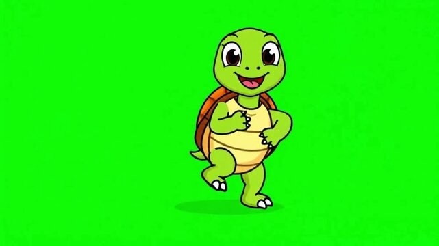 Joyful cartoon turtle happily running on a vibrant green background