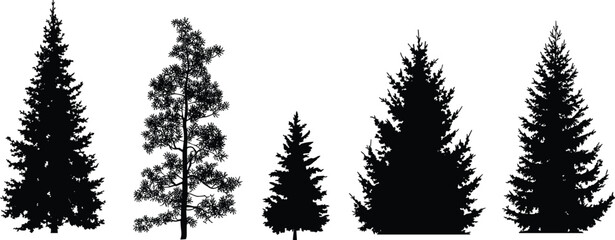 Fototapeta premium PrintConifer tree silhouettes, pine shapes, forest illustration, botanical design, evergreen outlines, nature graphic, landscape element, black vector trees
