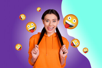 Collage of person surrounded by floating emoji icons expressing fun and different emotions happy joy angry oops lol