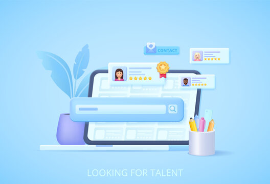 Online hiring scene 3d vector illustration with open laptop and friendly job seekers, human touch digital recruitment, people looking for work through direct contact without middlemen