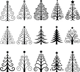 PrintStylized Christmas tree collection, festive decoration, holiday design, black and white vector, abstract tree art, seasonal graphic, ornament illustration