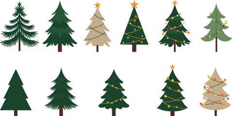 PrintStylized Christmas tree set, festive decorations, holiday vector collection, colorful seasonal design, ornament variety, creative tree shapes, celebration artwork