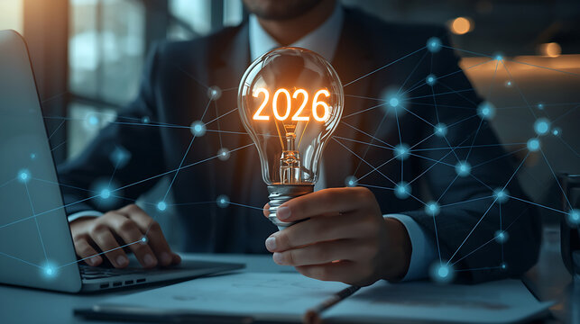 A businessperson holds a 2026-themed light bulb, symbolizing innovation and futuristic thinking, in a modern, tech-inspired office environment with a digital network overlay.