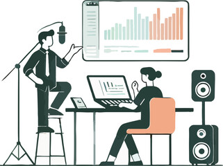 Two people in a studio with audio equipment and charts