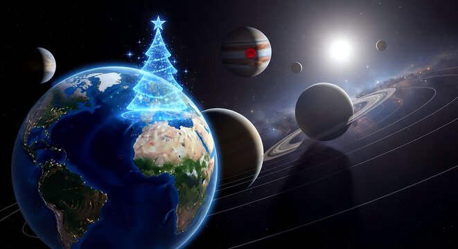 Abstract planet Earth with a holographic Christmas tree floating in deep outer space.