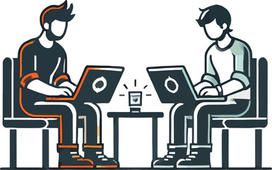 Two people working on laptops at a table illustration