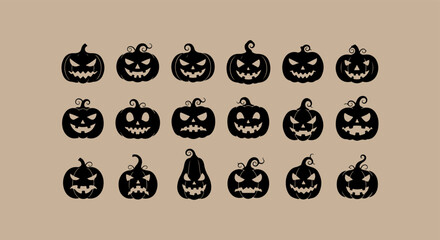 Collection of spooky carved halloween pumpkins with various scary faces