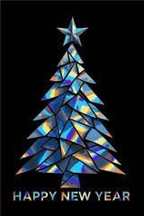 Christmas tree made of shattered compact disc pieces with “Happy New Year” text. Modern festive illustration with a retro-digital aesthetic.