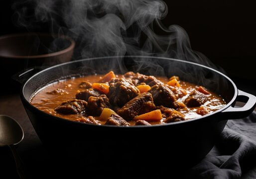 Delicious hot steaming mafe a traditional senegalese peanut stew in a rustic black pot
