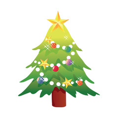 Whimsical cartoon christmas tree adorned with colorful ornaments and a glowing star on a white background