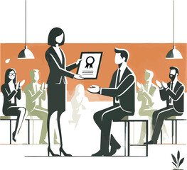 Woman presents award certificate to man in front of clapping audience