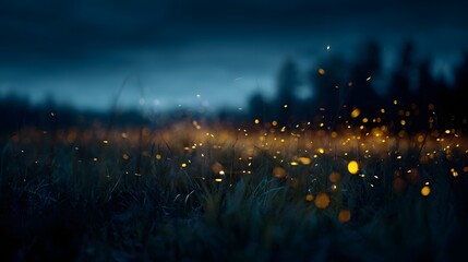 A meadow at night is illuminated by numerous glowing fireflies creating a magical and atmospheric scene