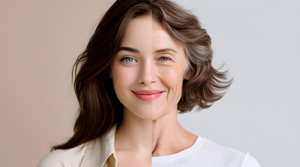 Fototapeta premium Split face of a woman showing youthful and aged sides, representing anti-aging skincare, beauty transformation, and cosmetic treatment results in a single portrait.