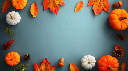 Obraz premium Autumn background with pumpkins and colorful leaves on blue wooden table. Ideal for seasonal promotions and fall decor.