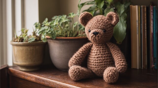 Crocheted Teddy Bear On Wooden Shelf With Potted Plants. Cozy Home Decor And Handmade Craft