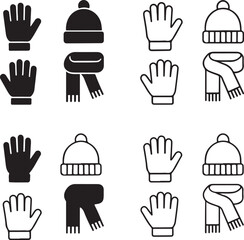 Isolated warm accessories icon set, warm accessories gloves hat vector, winter scarf socks clothing, minimal thin stroke solid black outline, cozy apparel editable accessories vector art