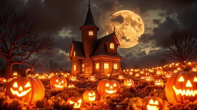 A haunted, pumpkin-filled landscape under a bright full moon creates a festive yet eerie Halloween scene. Glowing jack-o&rsquo;-lanterns dot a yard beside a quirky cottage, casting warm light.