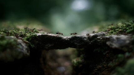 Obraz premium Tiny ants collaborate to form a natural bridge over a mossy stone gap in a lush green forest environment