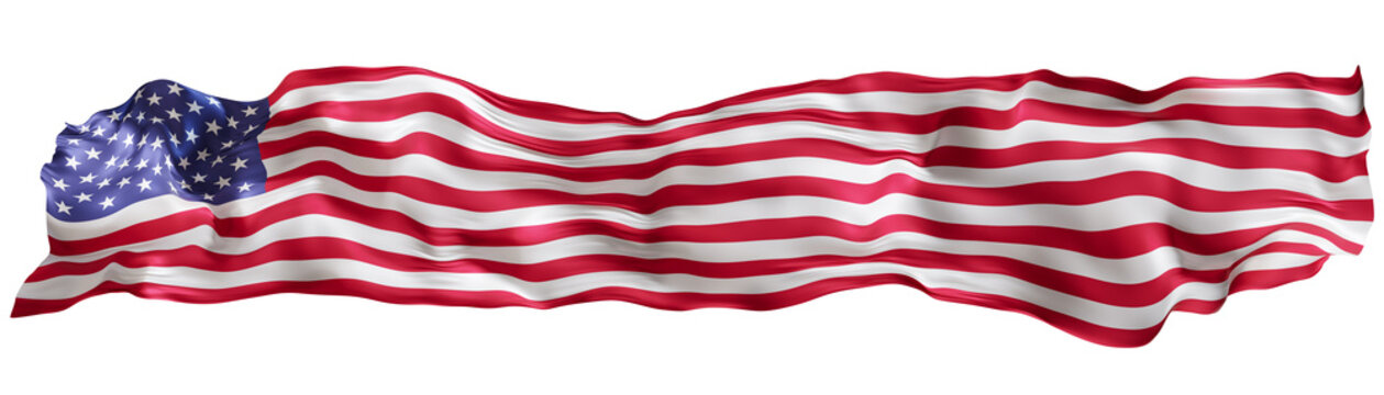 Stylized flag of USA waving in the wind on transparent background. Footer, header or divider. Cut out wide, panoramic element. Banner for patriotic themes or national event promotions. 3D.