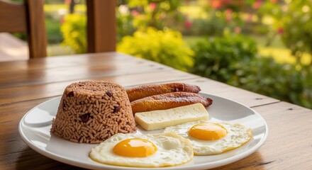 Traditional nicaraguan breakfast gallo pinto with fried eggs plantain and cheese