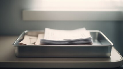 Stack Of Documents In A Metal Tray On A Desk. Office Organization And Paperwork Management