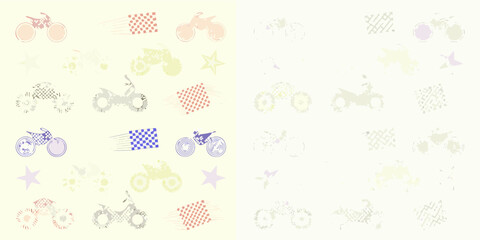 Whimsical pattern of motorcycles and racing flags with a subtle texture and pastel colors
