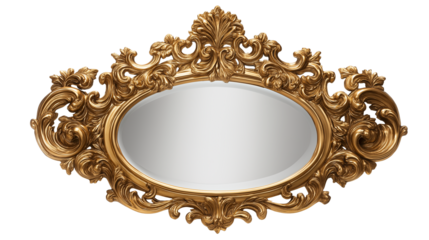 Antique mirror with ornate golden decorated frame, intricate carvings and elegant vintage charm, reflecting timeless luxury and classical royal style isolated on white or transparent png background 