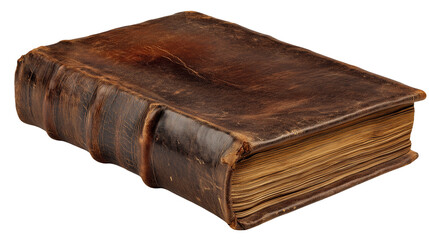 Old antique book with leather cover isolated on white background or transparent png, vintage classic literature tome with worn textured binding.