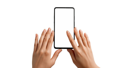 Hands holding a mobile phone, isolated on white background as a transparent PNG, showing a clear grip, screen view, and realistic detail.