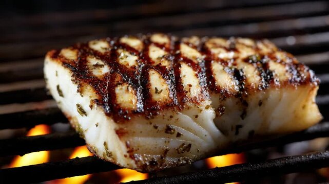 Grilled halibut steak on a barbecue grill, ready to eat