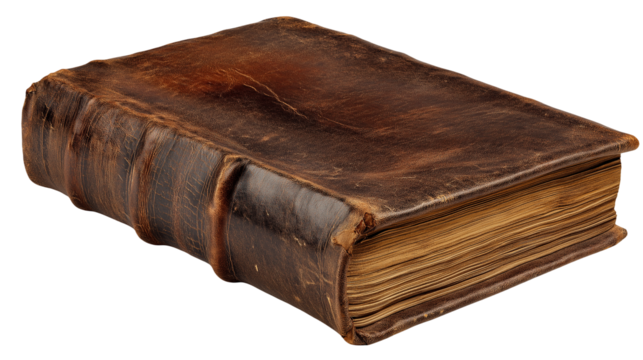Old antique book with leather cover isolated on white background or transparent png, vintage classic literature tome with worn textured binding.