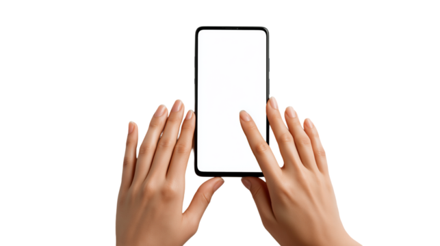 Hands holding a mobile phone, isolated on white background as a transparent PNG, showing a clear grip, screen view, and realistic detail.