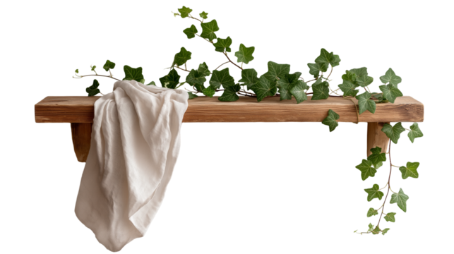 A natural wooden shelf decorated with green leaves and branches, isolated on white background as a transparent PNG, creating a fresh organic look. - Powered by Adobe