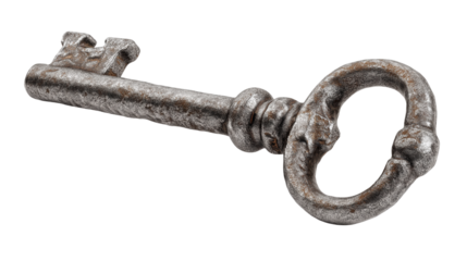 Old medal and antique key isolated on white background or transparent png, vintage collectible items with historic charm and intricate details.