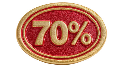 A 3D 70% icon on a red background with a gold frame isolated on a white background, shown as a transparent png.