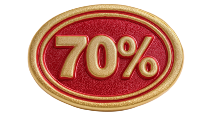 A 3D 70% icon on a red background with a gold frame isolated on a white background, shown as a transparent png.