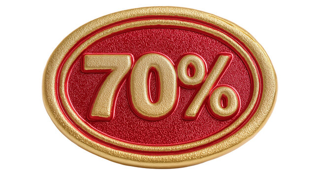 A 3D 70% icon on a red background with a gold frame isolated on a white background, shown as a transparent png.