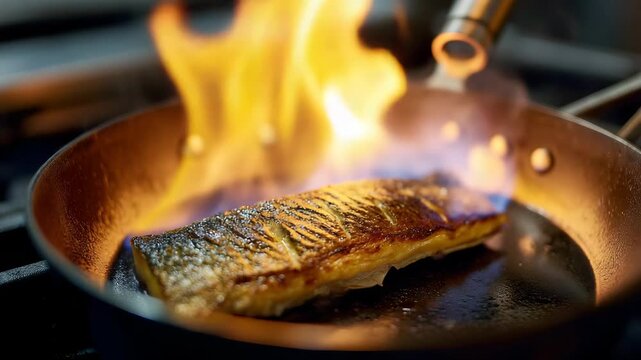Chef searing fish fillet with a culinary torch in a hot pan