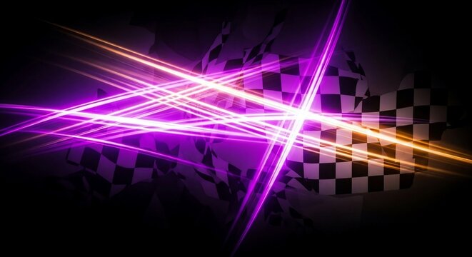 Dynamic neon purple and orange light beams intersect over abstract checkered flags on a dark background