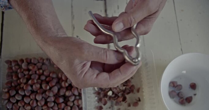 A close-up shot captures hands expertly cracking fresh hazelnuts with a traditional nutcracker, revealing the delicious nuts inside, complete with crisp sound effects.