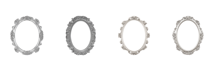 Ornate Oval Picture Frames Set. Vintage Decorative Design Collection Isolated On Transparent Background