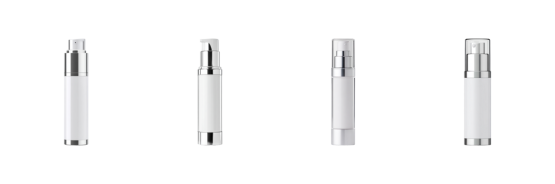 Cosmetic Airless Pump Bottles Set. Skincare Packaging And Design Collection Isolated On Transparent Background