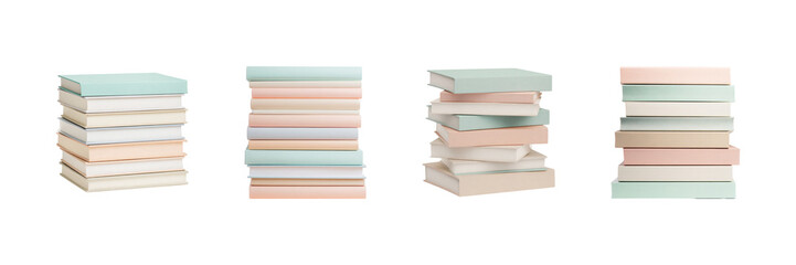 Stacked Books In Pastel Colors Set. Minimalist Home Decor And Organization Collection Isolated On Transparent Background