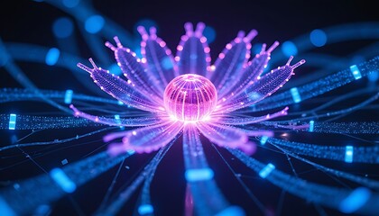 Abstract glowing neon flower with blue light trails and bokeh