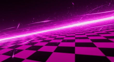 Bright pink glowing lines race over a dark, checkered digital plane, creating an energetic abstract scene