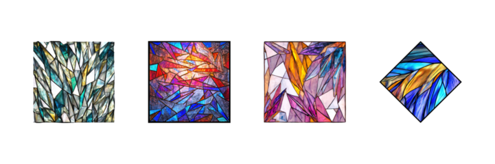 Stained Glass Abstract Art Set. Vibrant Geometric Patterns And Colorful Designs Collection Isolated On Transparent Background