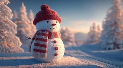 Adorable winter snowman wearing a red knitted hat and striped scarf standing in a snowy forest landscape